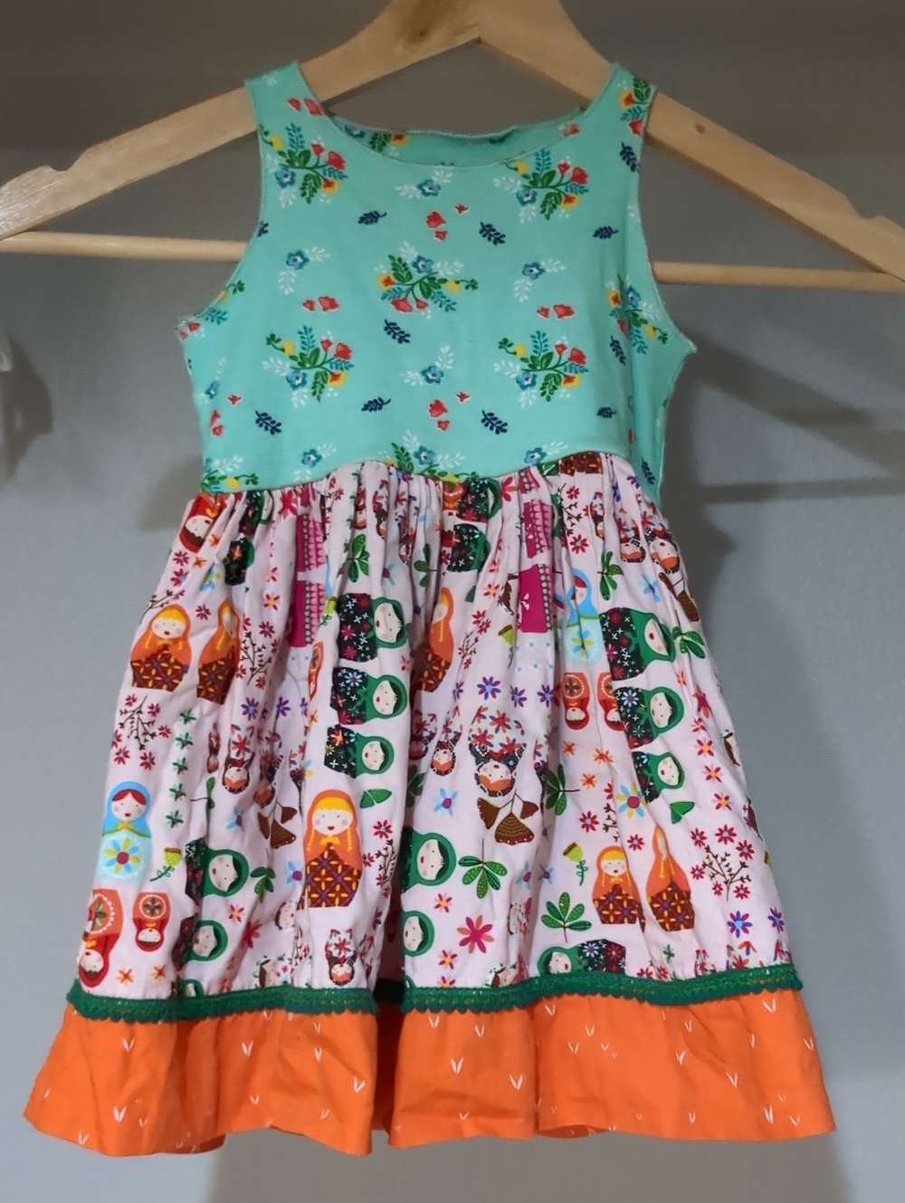 Girls' Sleeveless Mint & Orange Matryoshka Print Casual Dress 12mo